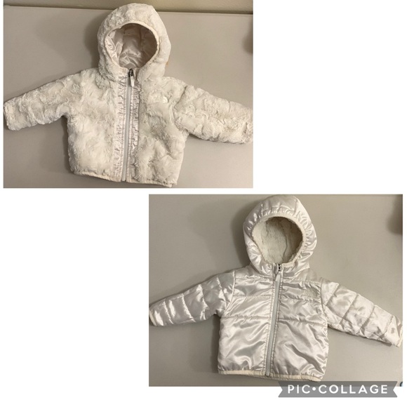 The North Face Reversible White Ivory Faux Fur Jacket Size 3-6 Months Warm Hood - Picture 1 of 10